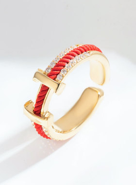 新中式圣诞洋气红绳开口戒指小众简约本命年食指戒新款高级感戒圈