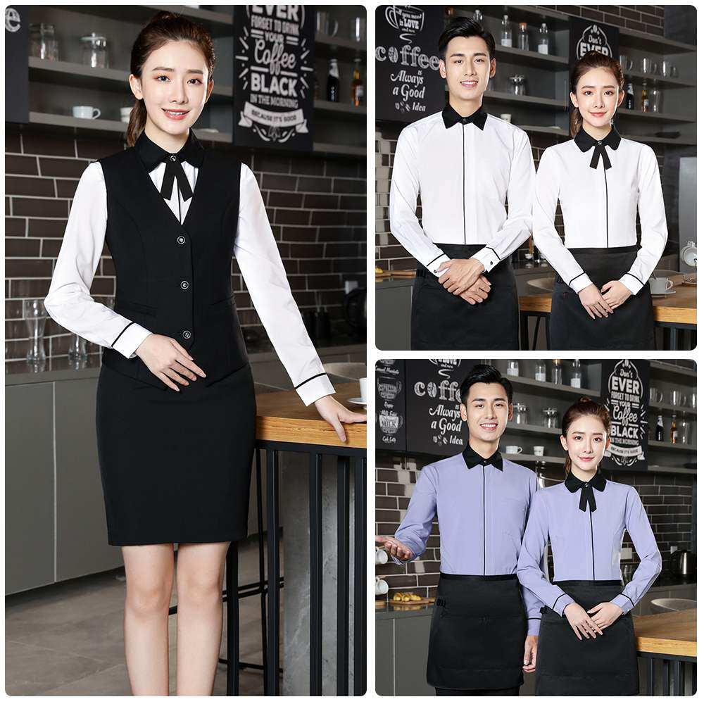 酒店服务员工作服餐饮男女长袖衬衫秋咖啡西餐厅酒吧KTV马甲制服