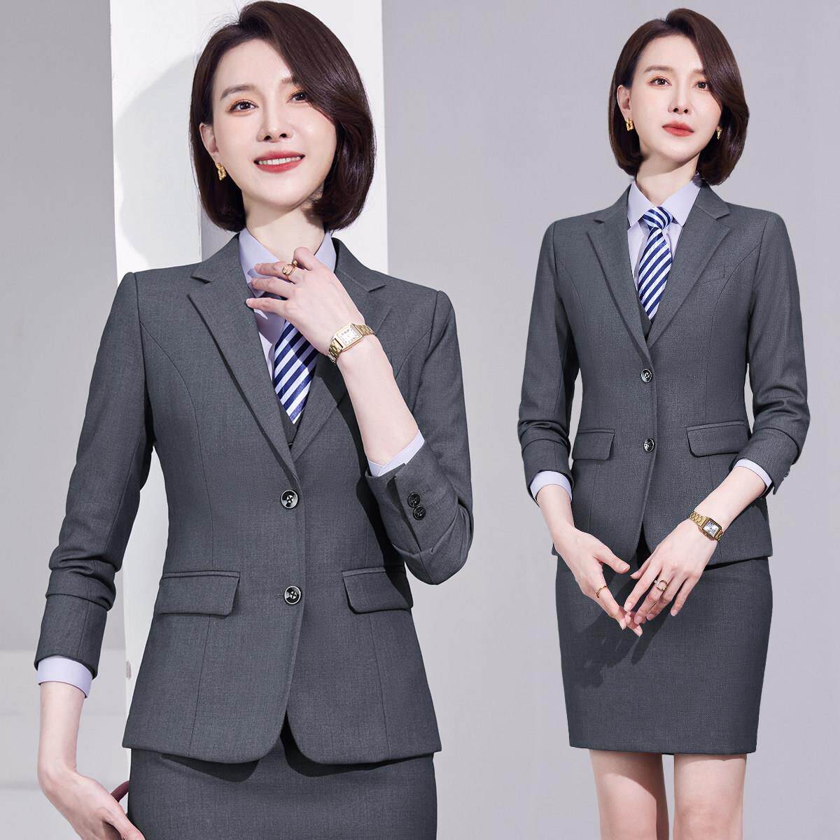 灰色西装套装女案场客服工作服前台接待职业装套裙公务员面试正装