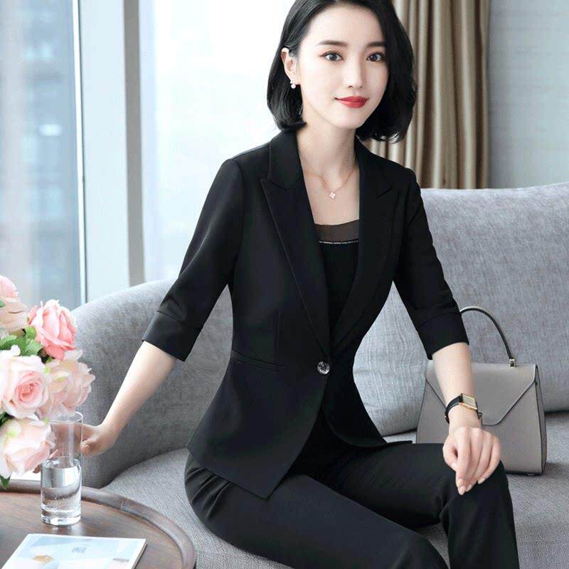 黑色薄款七分袖西装女时尚职业装酒店前台工作服女装套装春夏工装