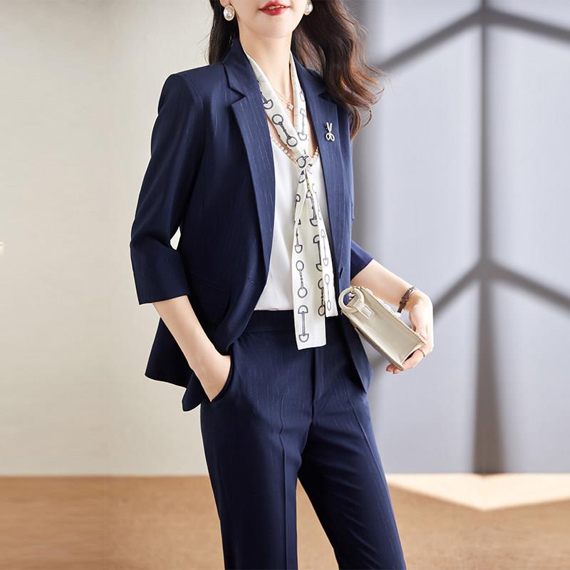 藏青色西装外套女夏季薄款高端气质女神范职业装正装小西服套装裙