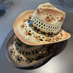 民族风草编大檐手工编织男士夏天渔夫帽防晒遮阳帽子西部牛仔帽