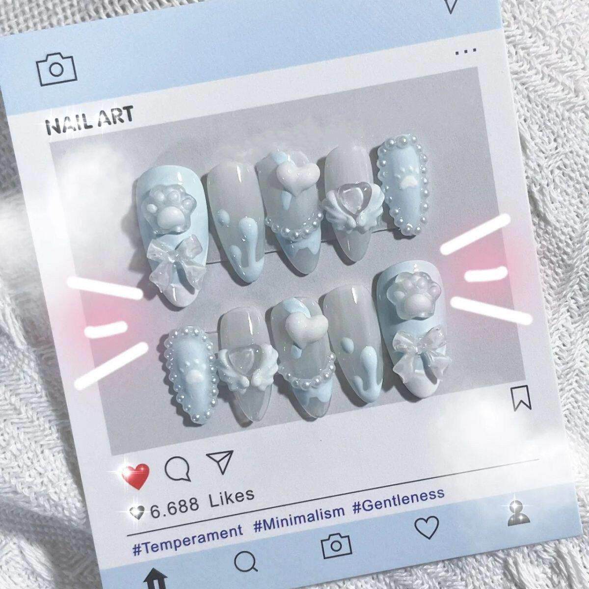 喵小姐手工美甲 甜酷 风蓝色可爱蝴蝶结猫爪穿戴甲成品贴片95