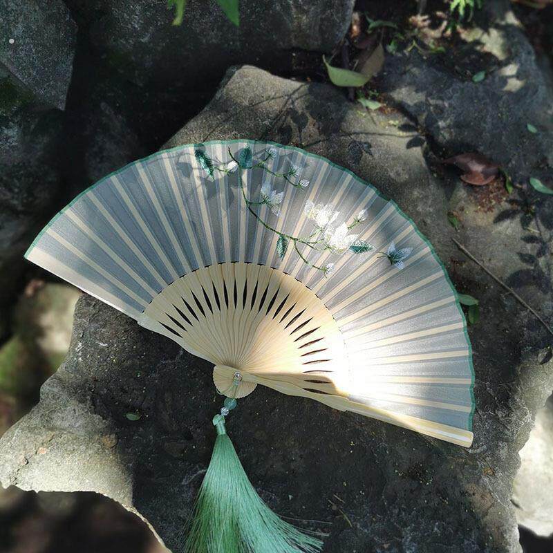 刺绣折扇女式古旗袍玉竹真丝风中国刺绣折扇风丝绸苏折叠小扇子苏