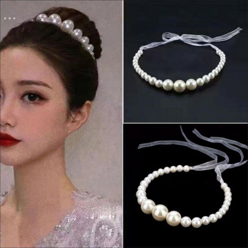 日韩赫本风新娘头饰超仙珍珠发带闪钻耳环新套装结婚发饰婚纱造型
