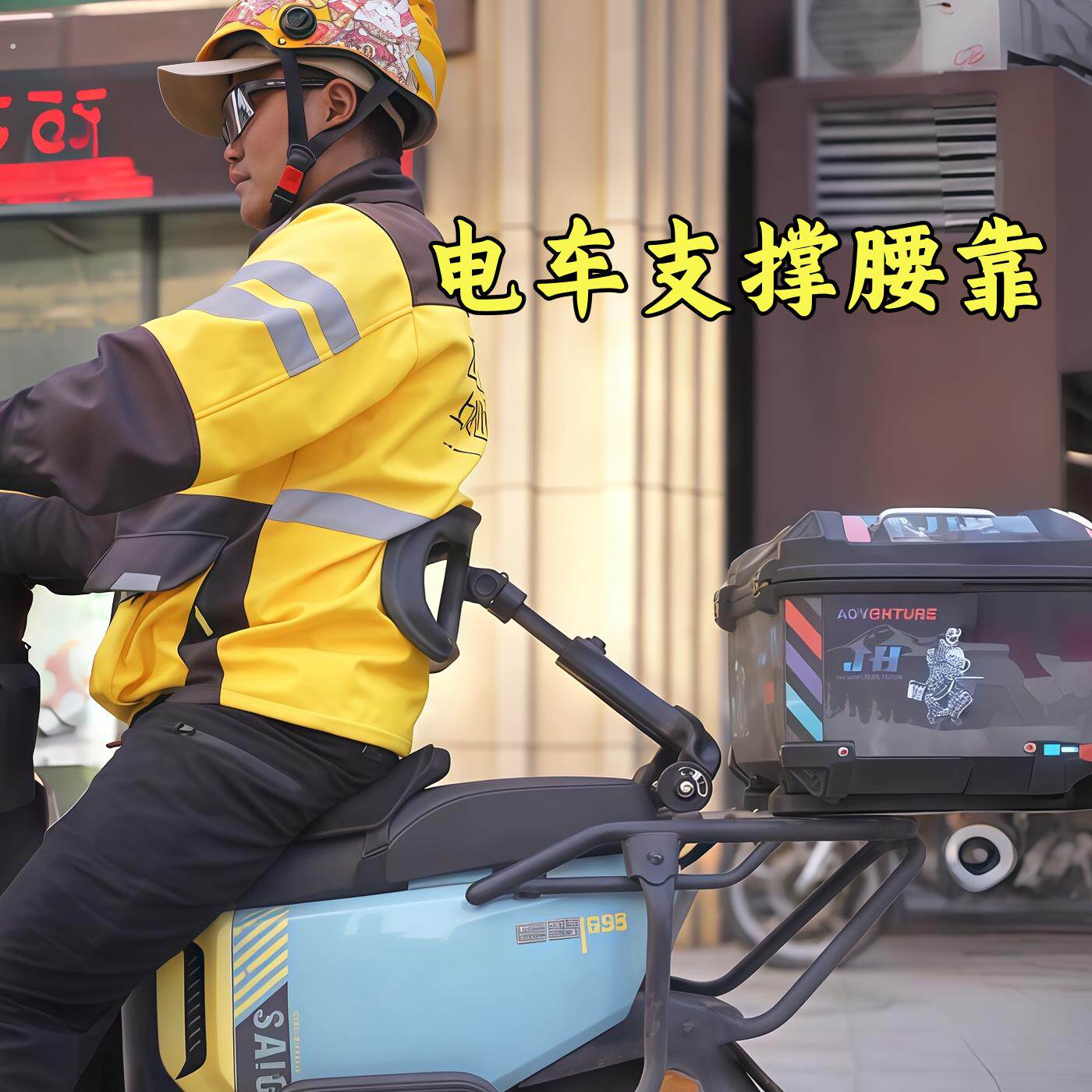电动车支撑腰靠黄色反光骑行安全防护骑手专用外卖配送改装坐配件