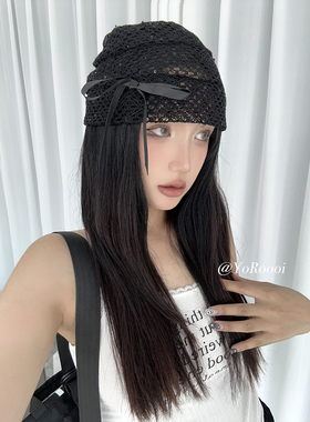 YoRoooi 韩系可爱黑色蝴蝶结冷帽百搭弹力蕾丝包头帽显脸小帽子女