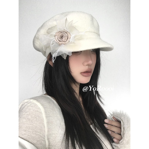 秋冬羊毛花朵八角帽百搭画家帽