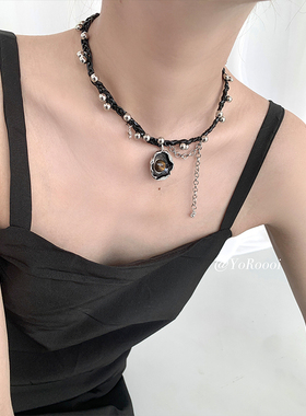 YoRoooi 自制小众天然虎眼石黑色圆盘项链百搭辣妹出街吊坠颈链女