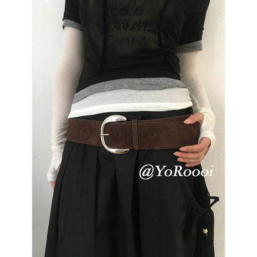 复古辣妹麂皮宽边腰带银扣腰封