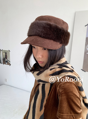 YoRoooi 冬季新款复古毛绒边保暖马术帽显脸小大头围麂皮绒画家帽