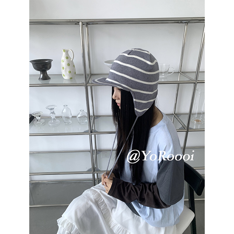 韩系复古秋冬新款条纹毛线帽
