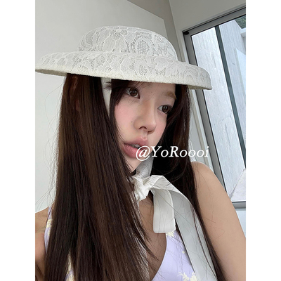 YoRoooi 自制韩系蕾丝绑带走秀法式赫本风礼帽气质大沿遮阳帽头饰