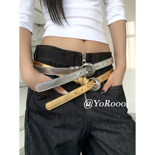 YoRoooi 复古皮带裤 带时尚 双排 ins简约韩系金属亮面腰带小众个性