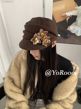 YoRoooi 自制冬季新款花朵褶皱韩系温柔报童帽显脸小鸭舌帽马术帽