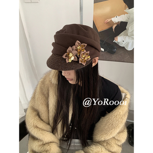 YoRoooi 自制冬季新款花朵褶皱韩系温柔报童帽显脸小鸭舌帽马术帽