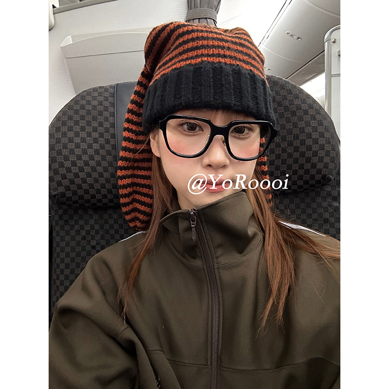 针织条纹兔耳毛线帽保暖护耳帽