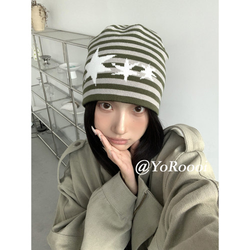 小众千禧五角星条纹加厚毛线帽