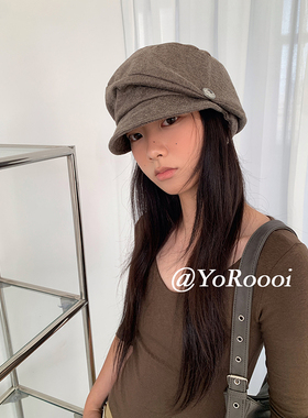 YoRoooi 复古褶皱纽扣韩系小众显脸小画家帽大头围百搭软顶八角帽