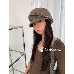 复古褶皱纽扣韩系小众显脸小画家帽大头围百搭软顶八角帽 YoRoooi