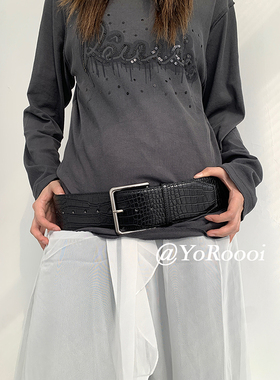 YoRoooi 简约黑色时髦高级感宽边鳄鱼纹PU皮金属腰带韩系百搭皮带