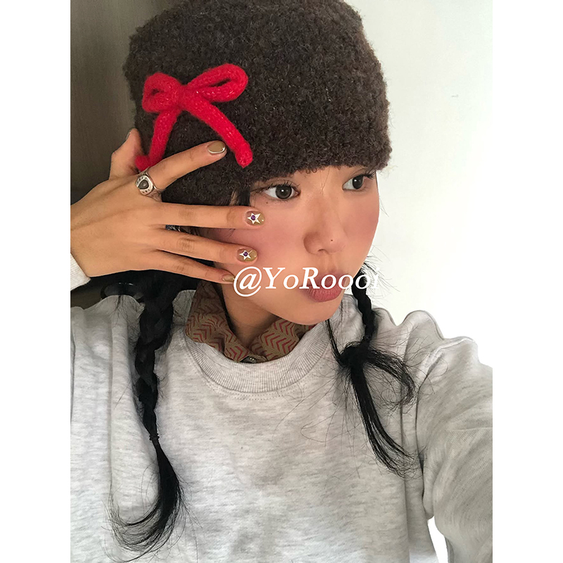 蝴蝶结设计感针织毛线包头冷帽