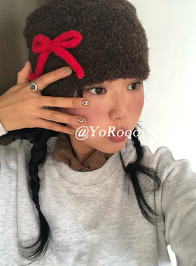 YoRoooi 韩系秋冬蝴蝶结设计感针织毛线包头冷帽小众甜酷保暖帽子