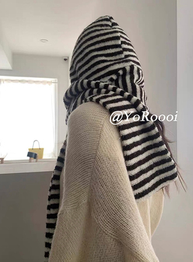 复古小众黑白条纹帽子围巾一体