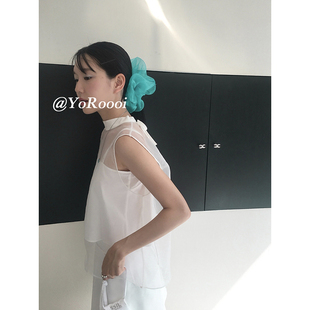 YoRoooi 超大湖水蓝亮色欧根纱弹力大肠发圈百搭韩系宽边发饰头圈