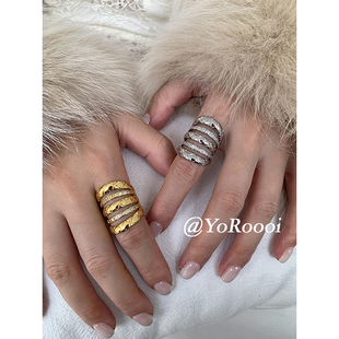 YoRoooi 春夏高级质感设计感菱格多层闪耀戒指夸张皓石百搭指环女