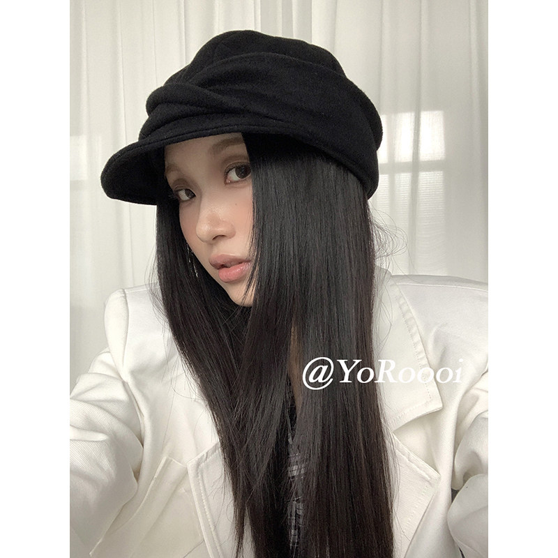 设计感小众纯色褶皱毛呢贝雷帽