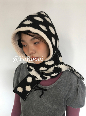 YoRoooi 韩系ins波点针织巴拉克拉法帽子围巾一体冬季保暖针织帽
