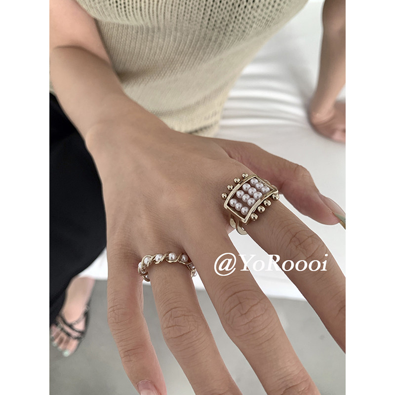 YoRoooi 韩系博主同款设计感珍珠戒指小众高级感开口叠戴食指戒女