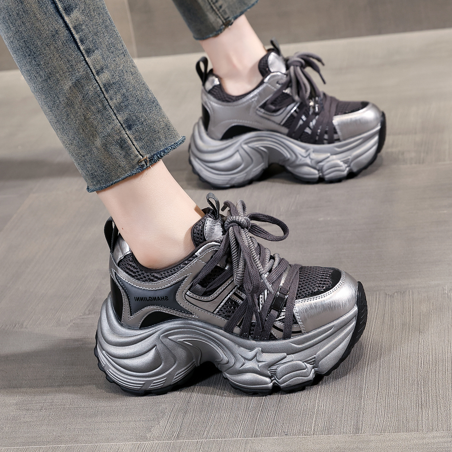 内增高老爹鞋女款网面复古运动鞋