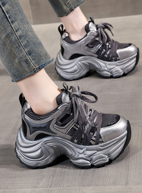内增高老爹鞋女款2025新款透气网面复古运动鞋百搭厚底女鞋显脚小