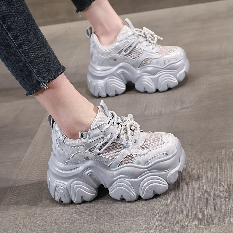 网纱透气老爹鞋女内增高小个子