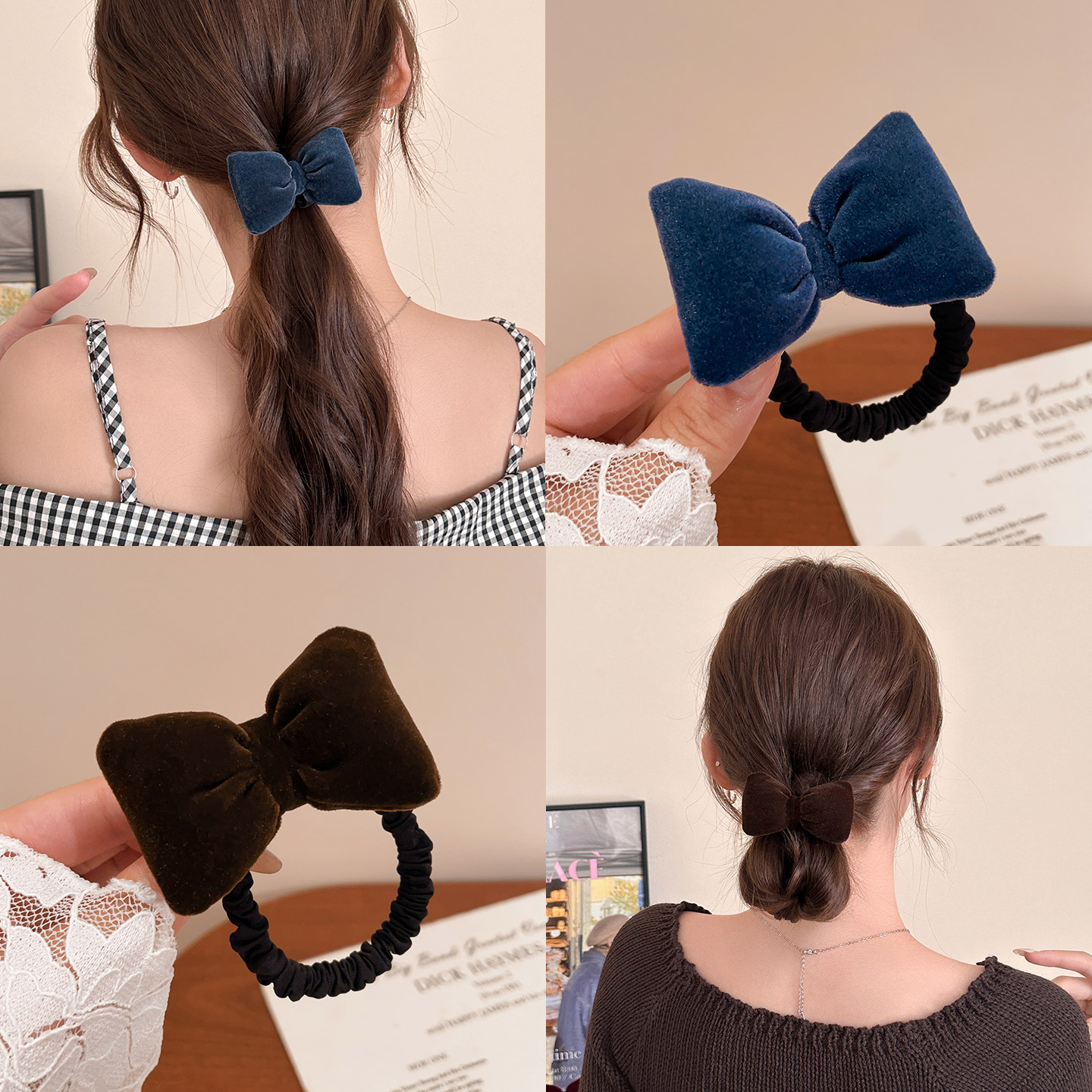秋冬丝绒蝴蝶结发圈高马尾