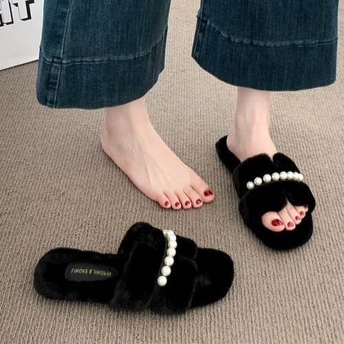 法式平底毛毛拖鞋女外穿2025新款秋冬加绒毛毛鞋踩屎感一字棉拖鞋