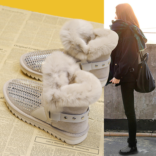 真皮兔毛水钻雪地靴女冬2025新款皮毛一体加绒加厚保暖棉鞋短靴子