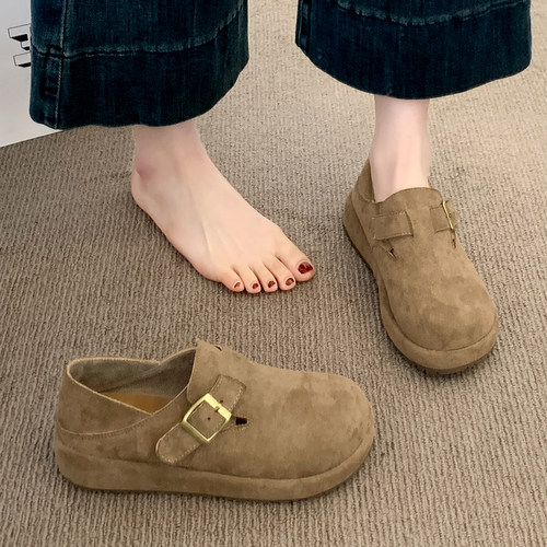 厚底内增高全包勃肯鞋女2025新款秋季一脚蹬豆豆鞋乐福鞋博肯单鞋