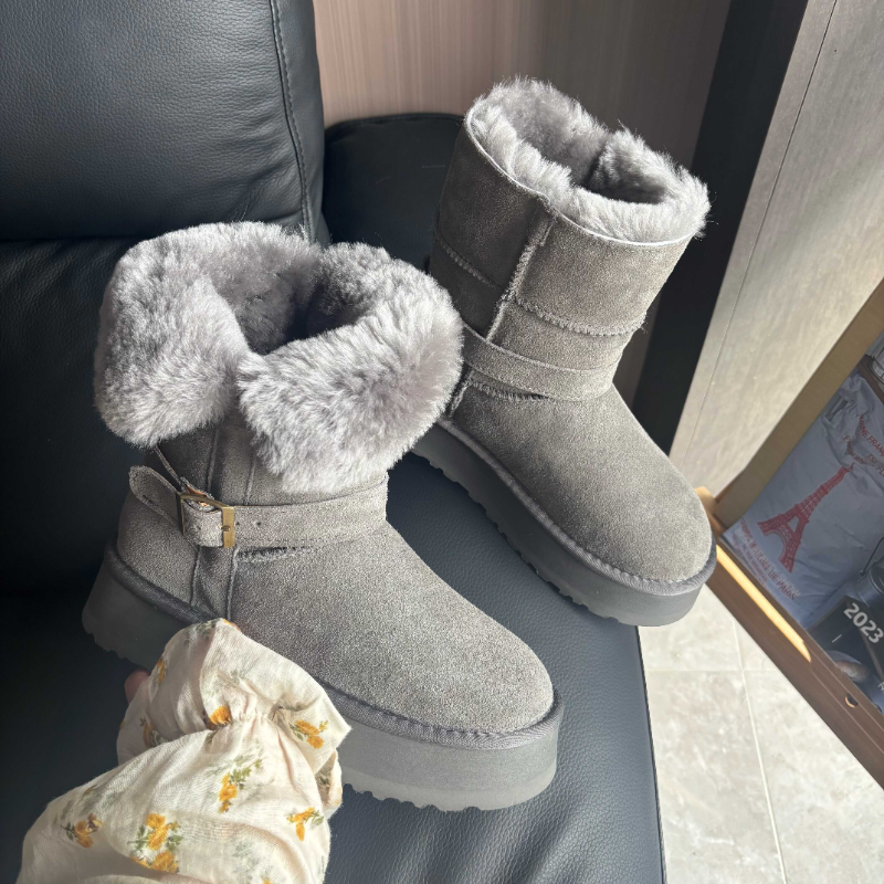 厚底灰色中筒加绒加厚雪地靴子女2025冬季新款爆款保暖东北大棉鞋