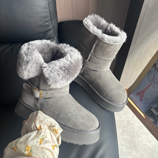 保暖东北大棉鞋 爆款 新款 厚底灰色中筒加绒加厚雪地靴子女2025冬季