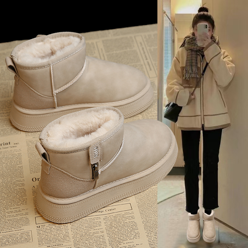 婉亦雅加绒厚底皮毛一体雪地靴