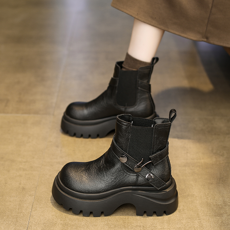 真皮厚底增高马丁靴女2025新款秋冬季皮带扣切尔西高帮短靴机车靴