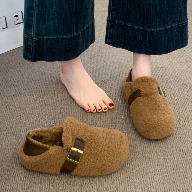 毛毛鞋女外穿2025秋冬季新款加绒雪地靴厚底豆豆鞋一脚蹬保暖棉鞋