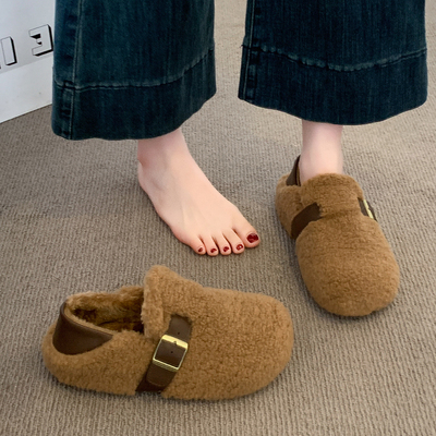 毛毛鞋女外穿2025秋冬季新款加绒雪地靴厚底豆豆鞋一脚蹬保暖棉鞋