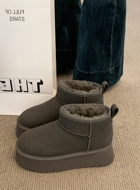 灰色松糕厚底皮毛一体雪地靴女冬2025新款防水增高棉鞋加绒面包鞋