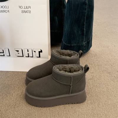 灰色松糕厚底皮毛一体雪地靴女冬2025新款防水增高棉鞋加绒面包鞋