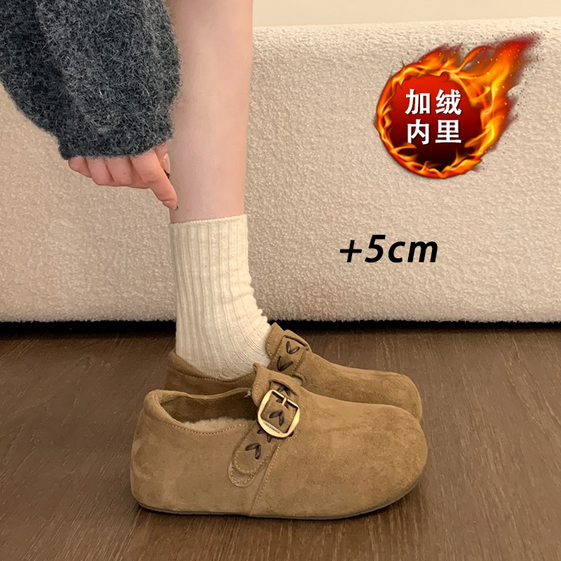 厚底加绒全包勃肯鞋女2025新款冬季一脚蹬乐福鞋内增高保暖棉鞋子