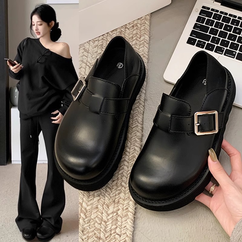 婉亦雅黑色百搭皮面全包勃肯鞋